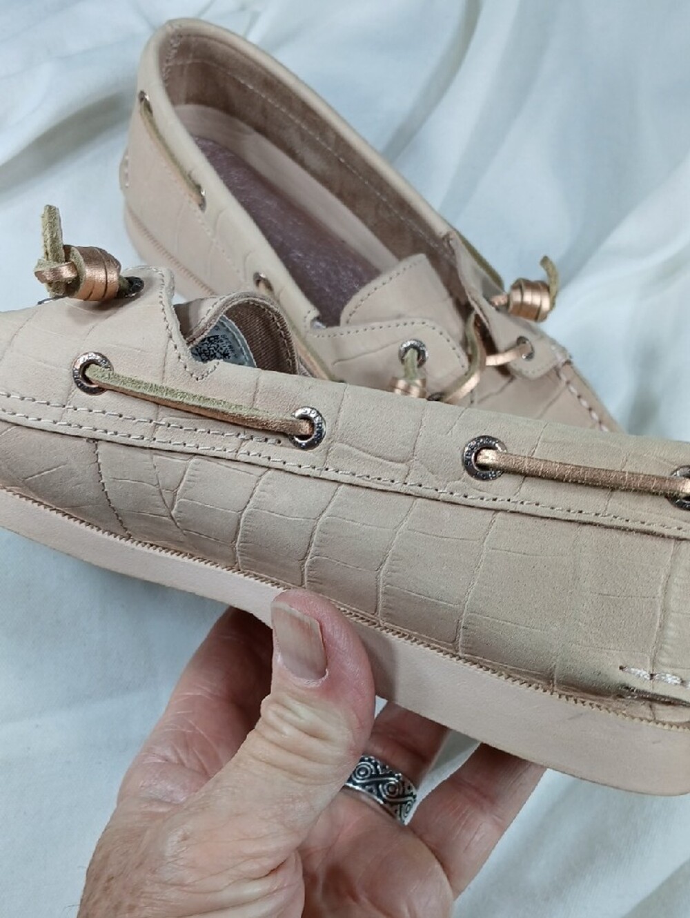 Sperry Women's Croc-Embossed Slip-On Moccasins in dusty pink with Metallic laces - Picture 8 of 16